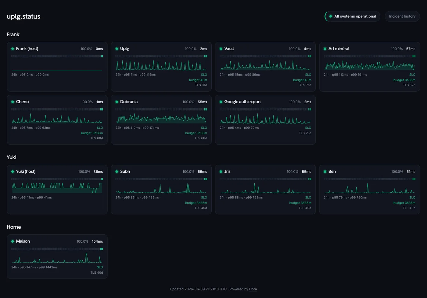 The Hora status page: monitor cards with daily uptime bars, latency charts and p95/p99